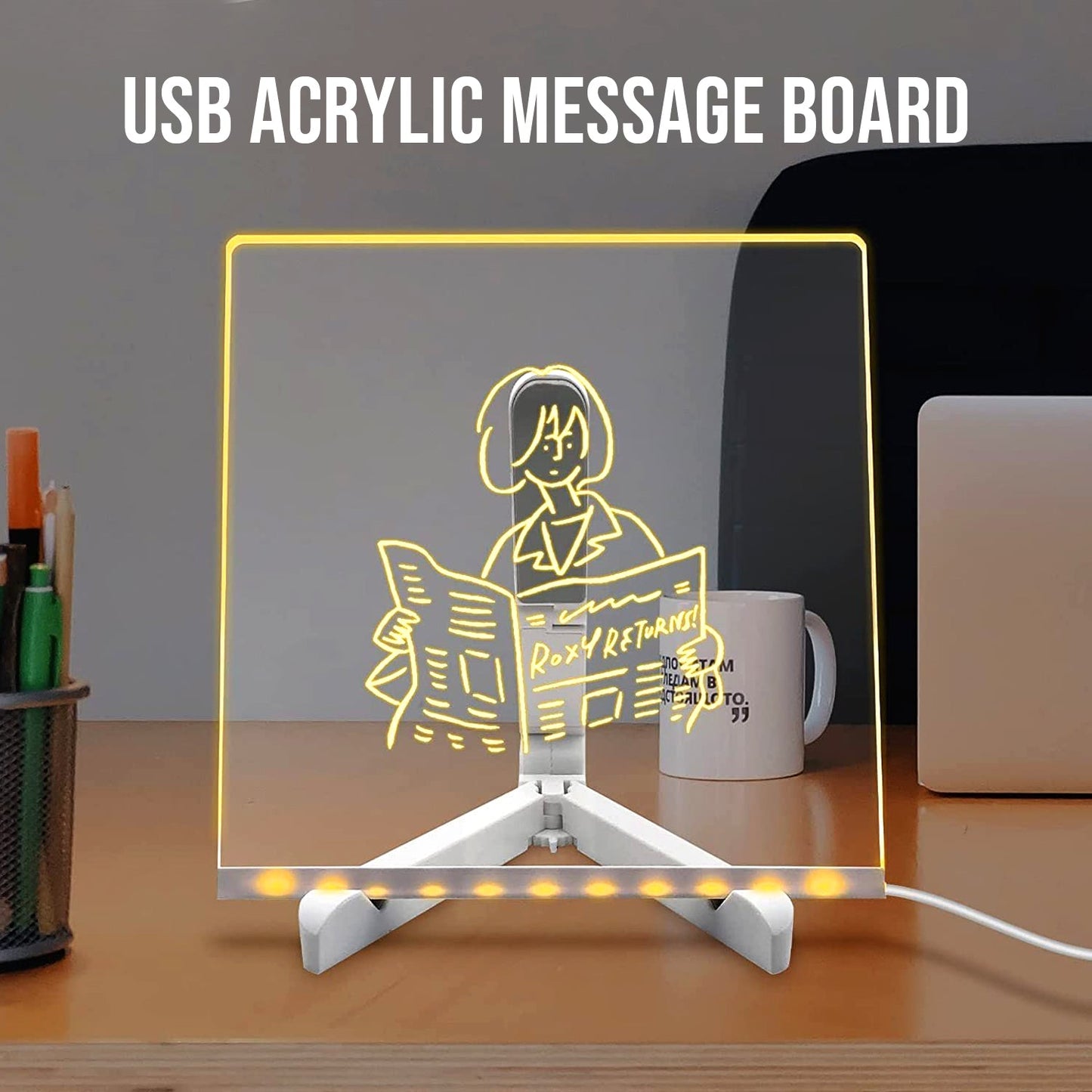 LED Light-Up Writing Board with Erasable Markers – USB Powered Acrylic Message Board for Kids, Notes & Decor (15×15 cm)