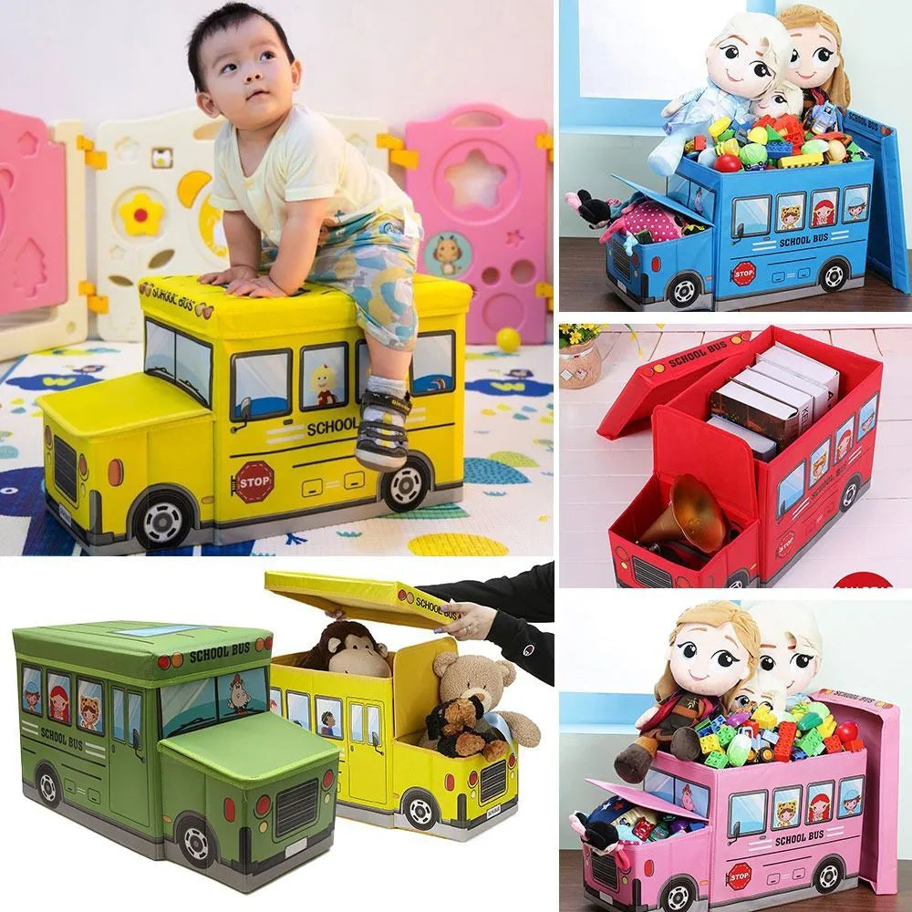 Kids School Bus Storage Box & Seat | Multi-Functional Clothes & Toys Storage